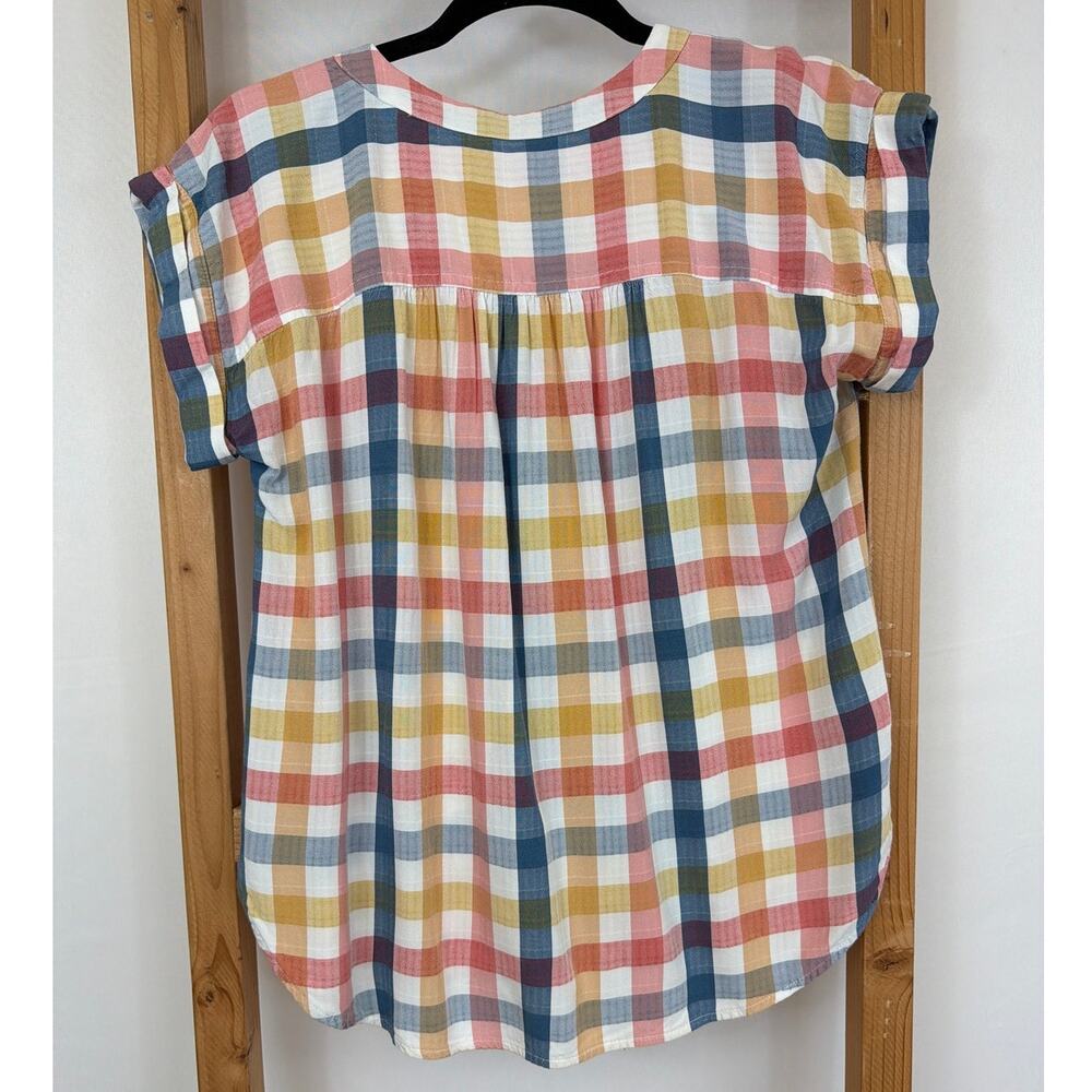 Loft Multicolored Gingham Button Up High Low Hem Rolled Cuff Short Sleeve Top XS - Picture 3 of 6